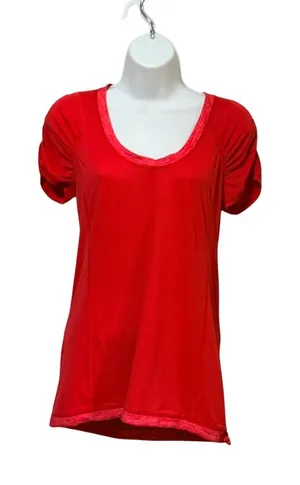 Lululemon Red Ruched Puff Sleeve Activewear Top Adjustable Hem Scoop Neck Small thumbnail 1