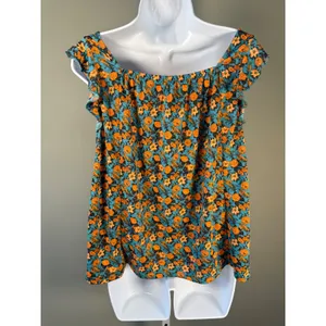 Melloday Teal Floral Smocked Square Neck Ruffle Sleeve Blouse Medium‎ NWT thumbnail 4