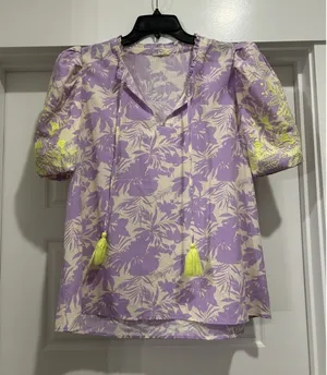 Size Large Jodifl Embroidered Puff Sleeve Purple Floral Green Top Blouse Boho thumbnail 1