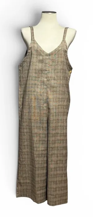Hem & Thread Wide Leg Cropped Jumpsuit Plaid Brown Tan Beige Medium thumbnail 1
