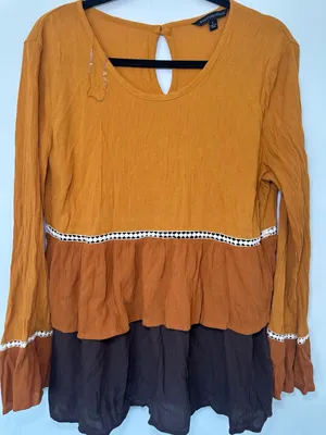 Signature Studio Tiered Blouse Size L Mustard Brown Long Sleeve Ruffle thumbnail 6
