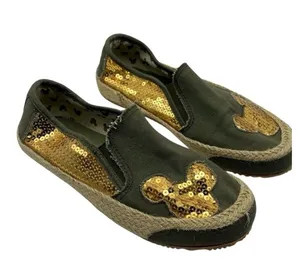 Mickey Mouse Sz 7 Slip On Shoes Green Gold Sequins Espadrille Soles thumbnail 1