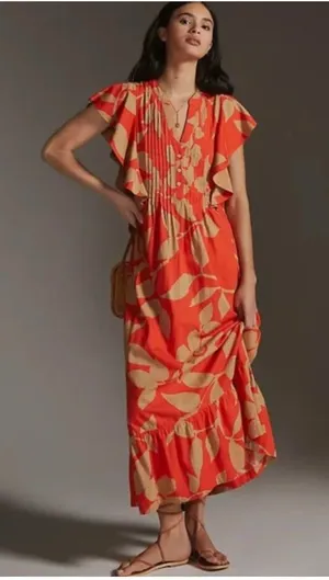 Maeve Cassandra Dress Womens XL Orange Leaf Pleated Flutter Sleeve Maxi Sundress thumbnail 1