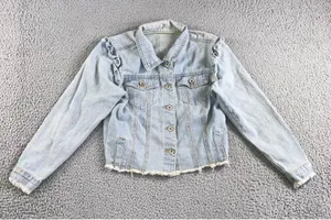 Ruffle Shoulder Denim Jacket Women S Light Wash‎ Raw Hem Cropped Western Spring thumbnail 1