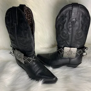 Handmade Womens Black Studded Leather Metal Buckle Removable Boot Band One Size thumbnail 2