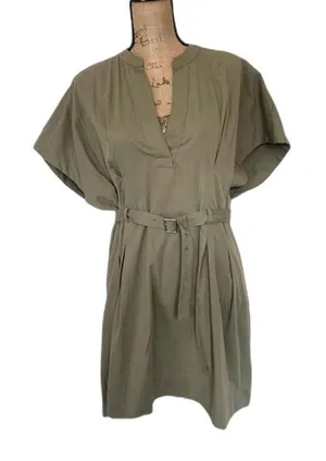 Zara‎ ZW Collection Belted Mini Dress Structured Khaki Green Utility Safari XL thumbnail 1