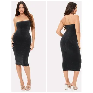 Fabletics Yitty Convertible Sculpting Luxe Glitter Shapewear‎ Midi Dress M Black Silver thumbnail 2