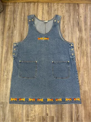 WWF Womens Rare Vintage Denim Overall Dress India Cat Embroidery Plus Size 1x thumbnail 1