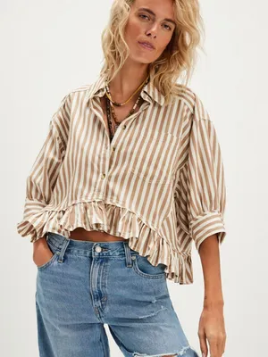 NWT Free People Bailey Navy Stripe Ruffle Hem Cotton Button Up Shirt XL thumbnail 1