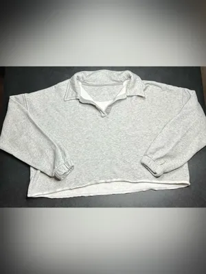 Aerie Size S Grey Cropped Henley Polo Sweatshirt thumbnail 2