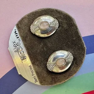 Alex Nicole by 1928 silver tone rose quartz vintage clip on earrings thumbnail 1