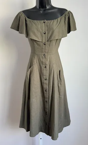 Saks Fifth Ave. Green Off Shoulder Midi Dress cottagecore ‎ Ruffle Size 2 thumbnail 1
