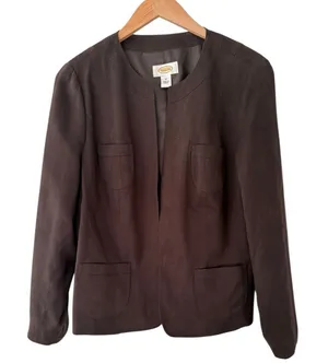 Talbots Faux Suede Open Front Chocolate Brown Blazer Jacket Size 14 Classic thumbnail 1