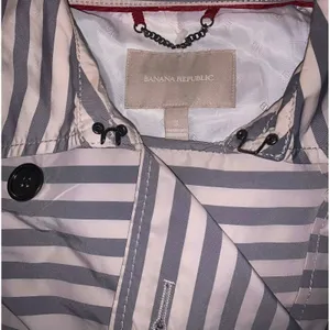 Banana Republic Trench Coat‎ Women S Gray White Stripe Belted Preppy Nautical thumbnail 6