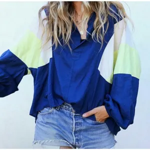 Free People We The Free Top Beating Hearts Colorblock Linen Blend Blue Sz Small thumbnail 1
