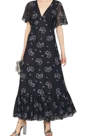 Love Shack Fancy‎ Kover Bow Print Tiered Navy Blue Viscose Maxi Dress Size 8 thumbnail 1