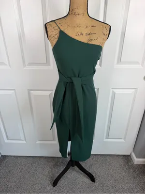 Hello Molly Teal One Shoulder Midi Dress Tie Waist Slit NWT thumbnail 2