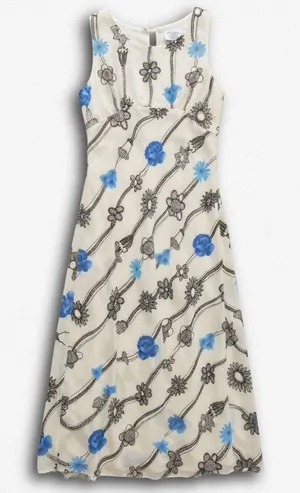 Pretty Good Vintage 90s Floral Maxi Dress Blue Cream Sleeveless‎ Empire Waist M thumbnail 1