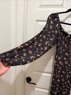 Billabong Black Floral Tie-Front Long Sleeve Boho Peasant Style Midi Dress XS thumbnail 5
