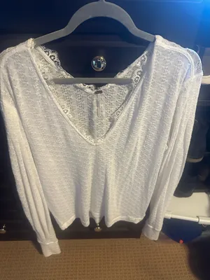 Free People Dream Girl pointelle white Large sweater full sleeve lace neck $135 thumbnail 2