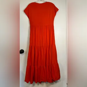 Zara‎ Tiered Midi Dress Short Sleeve V-neck Wrap Flounced Hem Red/ Orange XS thumbnail 6