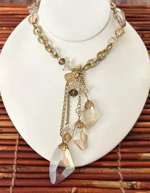 Gold Chain Necklace with Crystal Accents & Crystal Tassel 27”- 33” thumbnail 1
