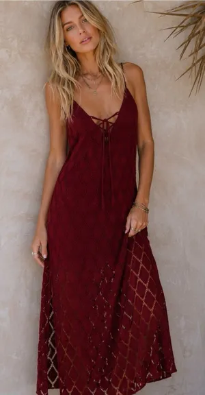 BAND OF THE FREE Lila Burgundy Autumn Slit Midi Dress Sleeveless Boho Medium thumbnail 1