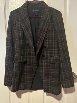 Rachel Zoe Plaid Double Breasted Longline Blazer Charcoal Brown Workwear thumbnail 4