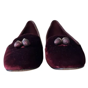 Tory Burch Burgundy Velvet Acorn Charm Smoking Slippers Loafers 7 thumbnail 2