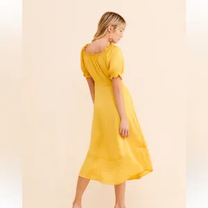 👗🌺Anthropologie Yellow Midi Dress M 6 8 Boho Cottagecore Puff Sleeve Ruffle Trim thumbnail 7