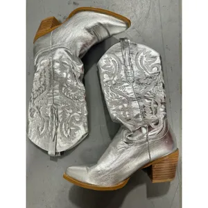 Metallic Silver Western Cowboy Boots with Embroidered Detail and Block Heel thumbnail 2