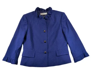 Vintage Tahari Levine Womens Blue Textured Ruffle Neck Button Blazer Jacket 10 thumbnail 1