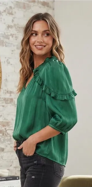 JODIFL Green Ruffle-Trim V-Neck Blouse thumbnail 1