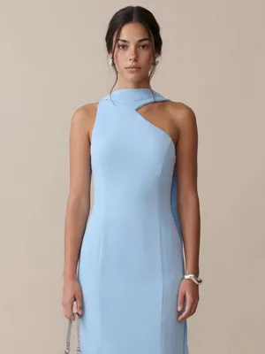 NWT Few Moda Citara Dress size 12 Light Blue one shoulder chiffon maxi o.p.t thumbnail 3
