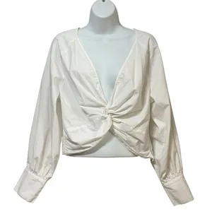 Abercrombie & Fitch White Twist Front Deep V-Neck Long Sleeve Crop Top Medium thumbnail 1