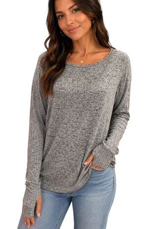 Athleta heather gray long sleeve round neck curved hem knit oversized top S thumbnail 1