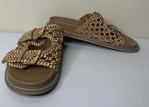 Joie Slide Sandals Woven Braided Crochet Tan Bronze Metallic Gold Buckle Sz 10 thumbnail 1