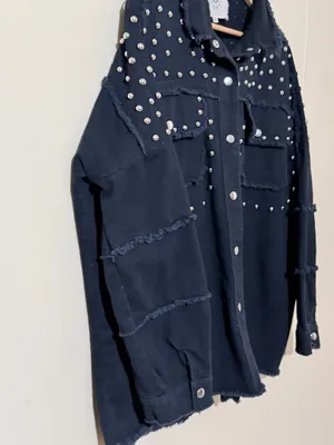 Fantastic Fawn Studded Jacket Black L Collared Snap Frayed Long Sleeve thumbnail 9