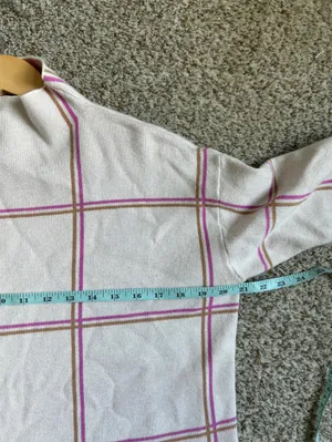 Tahari Cream Plaid Mock Neck Sweater with Pink Trim Fall Pastel Preppy Small thumbnail 5