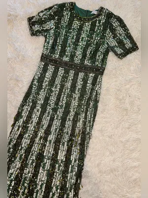 NEW MAC DUGGAL High Neck Short Sleeve Crystal Fringe Column Sage green Dress 10 thumbnail 6