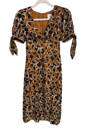 JOA XS‎ Brown Animal Print Midi Dress Women Puff Sleeve Tie Cuff thumbnail 1