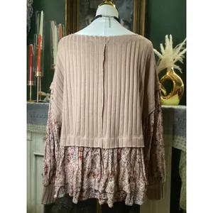 Gimmicks BKE Ribbed Mixed Media Floral Peplum Top Mauve Medium HFL1265 thumbnail 4