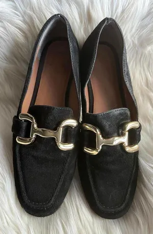 Black Women's Suede Loafers with Gold Buckle Detail Size 9 thumbnail 1