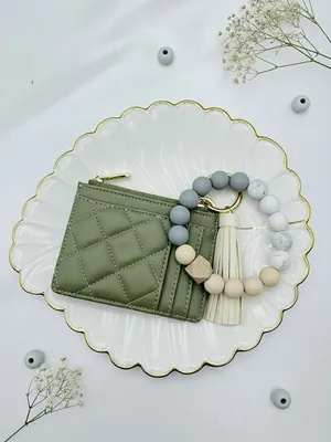Sage Green Quilted Card Holder Wallet Wristlet Keychain Tassel thumbnail 3