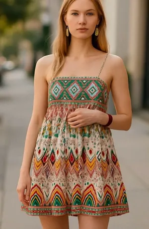ZARA Geometric Print Straight Neck Strappy Embroidered Short Dress Size‎ Small thumbnail 1