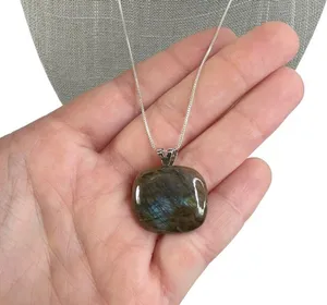 Green & Blue Square Glass Pendant Sterling Silver Box Chain Necklace thumbnail 3