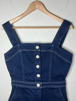 Maeve The Portside Denim Square Neck Button Front Romper Retro Boho Twee thumbnail 5