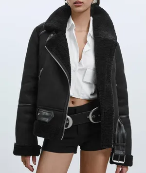 ZARA Women's Double Sided Jacket Faux Suede Shearling Moto Aviator Size Medium‎ thumbnail 1