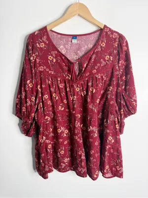 Old Navy Puff-Sleeve Floral Tiered‎ Swing Boho Top Burgundy Floral XXL Flowy thumbnail 2