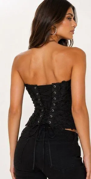 Free People Black Lace Corset Bustier Top Lace-Up Back Boned Structured Strapless Top thumbnail 2